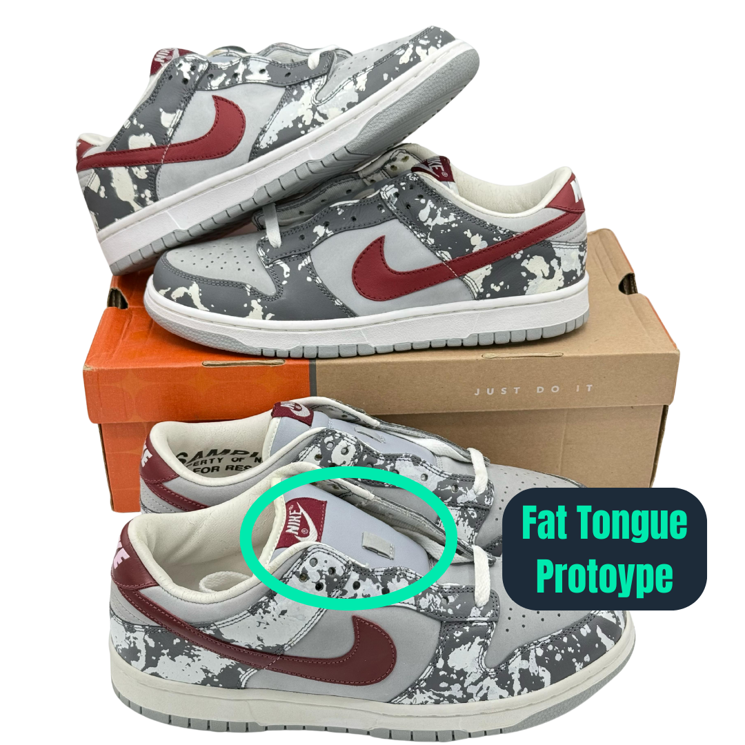 Pacchetto prototipo di Nike Dunk Low "Splatter" (2002) e linguetta asimmetrica