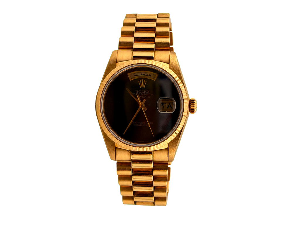 Rolex Day-Date 36 Quadrante in onice "Bahrain" con giorno e data in arabo, set completo (1986)